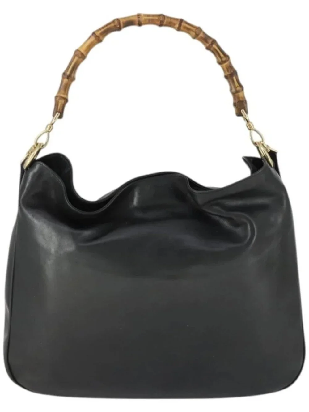 GUCCI Bamboo Shoulder Bag Leather 2way Black Gold 001 1577 Auth 166021